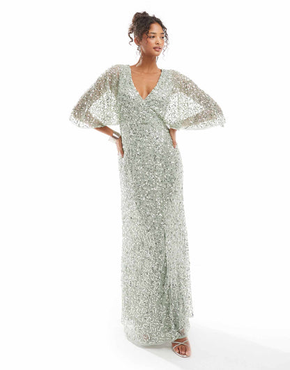 Fully Embellished Faux Wrap Maxi Dress
