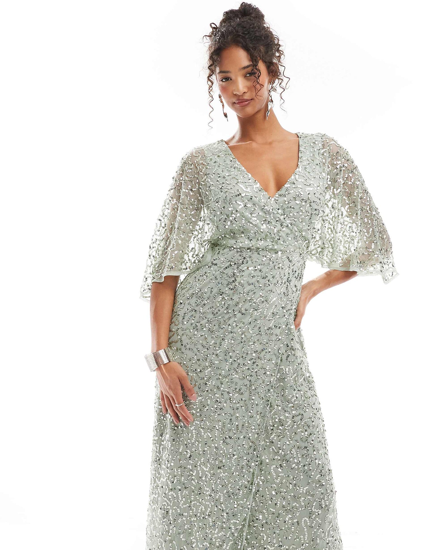 Fully Embellished Faux Wrap Maxi Dress