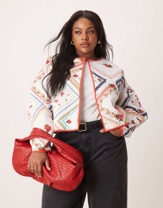 Curve Quilted Jacket With All Over Floral Design