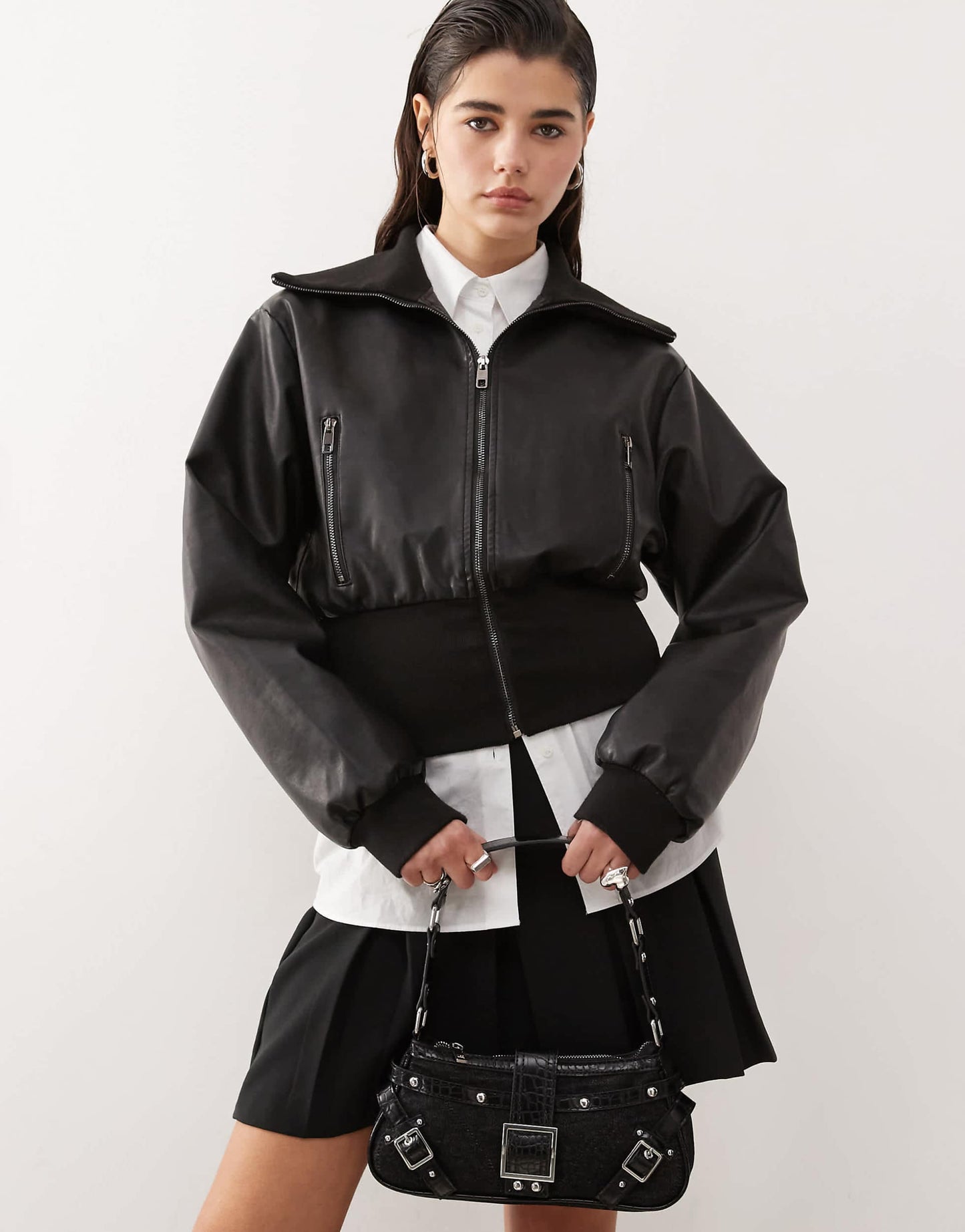 Cropped Leather Look Elasticated Hem Bomber Jacket