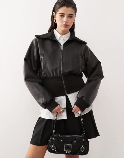 Cropped Leather Look Elasticated Hem Bomber Jacket