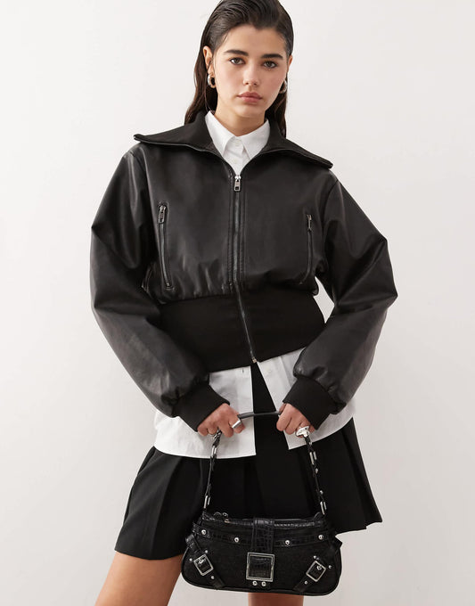 Cropped Leather Look Elasticated Hem Bomber Jacket