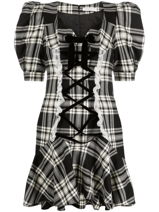 Plaid-Check Lace-Up Dress