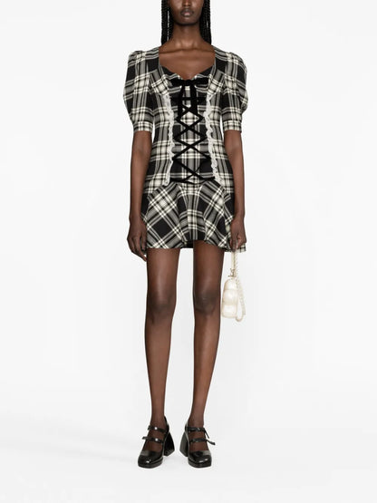 Plaid-Check Lace-Up Dress
