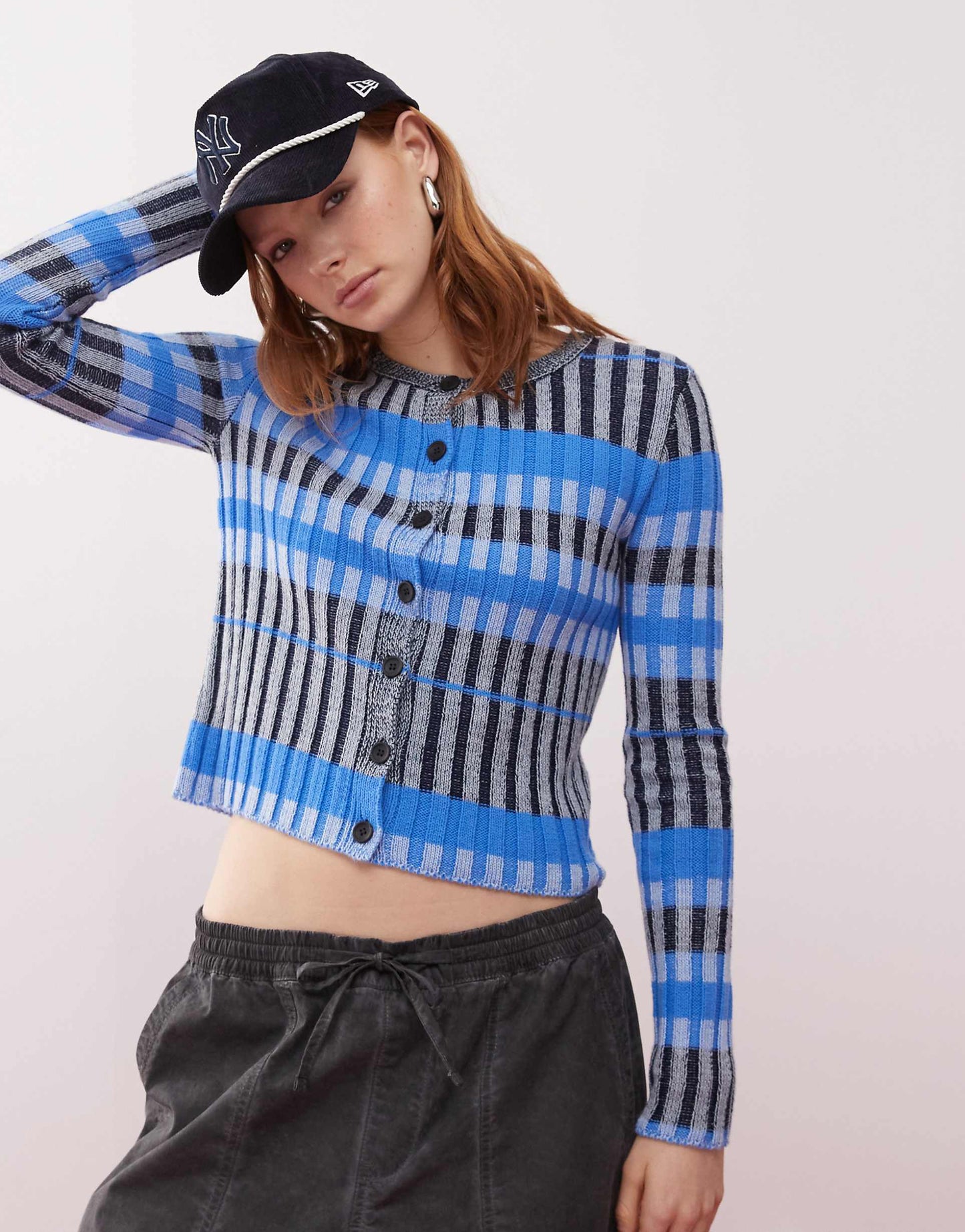 Stripe Knitted Plates Cardigan – Blue