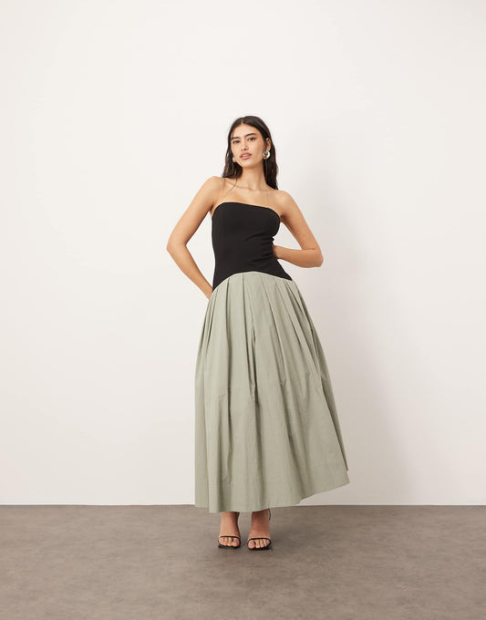 Bandeau Drop Waist Maxi Dress With Contrast Detail