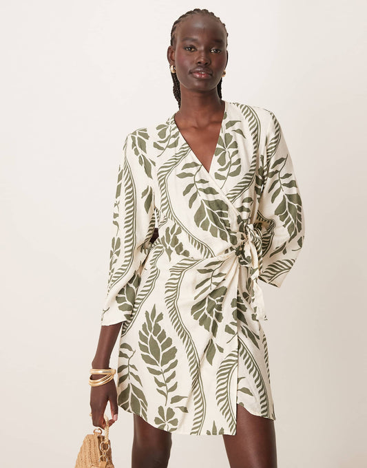 Wrap Kimono Dress Beige With Khaki Palm Print