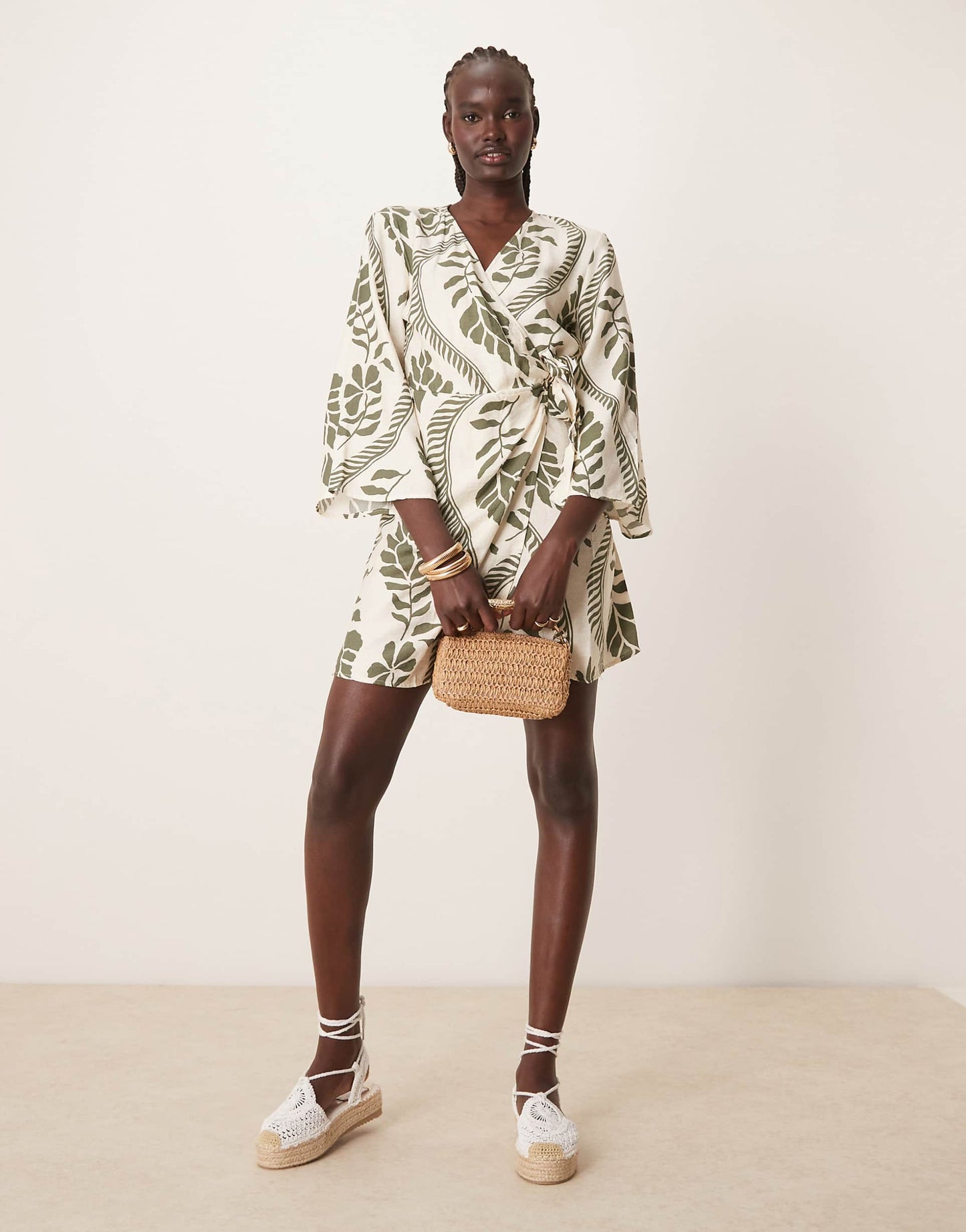 Wrap Kimono Dress Beige With Khaki Palm Print