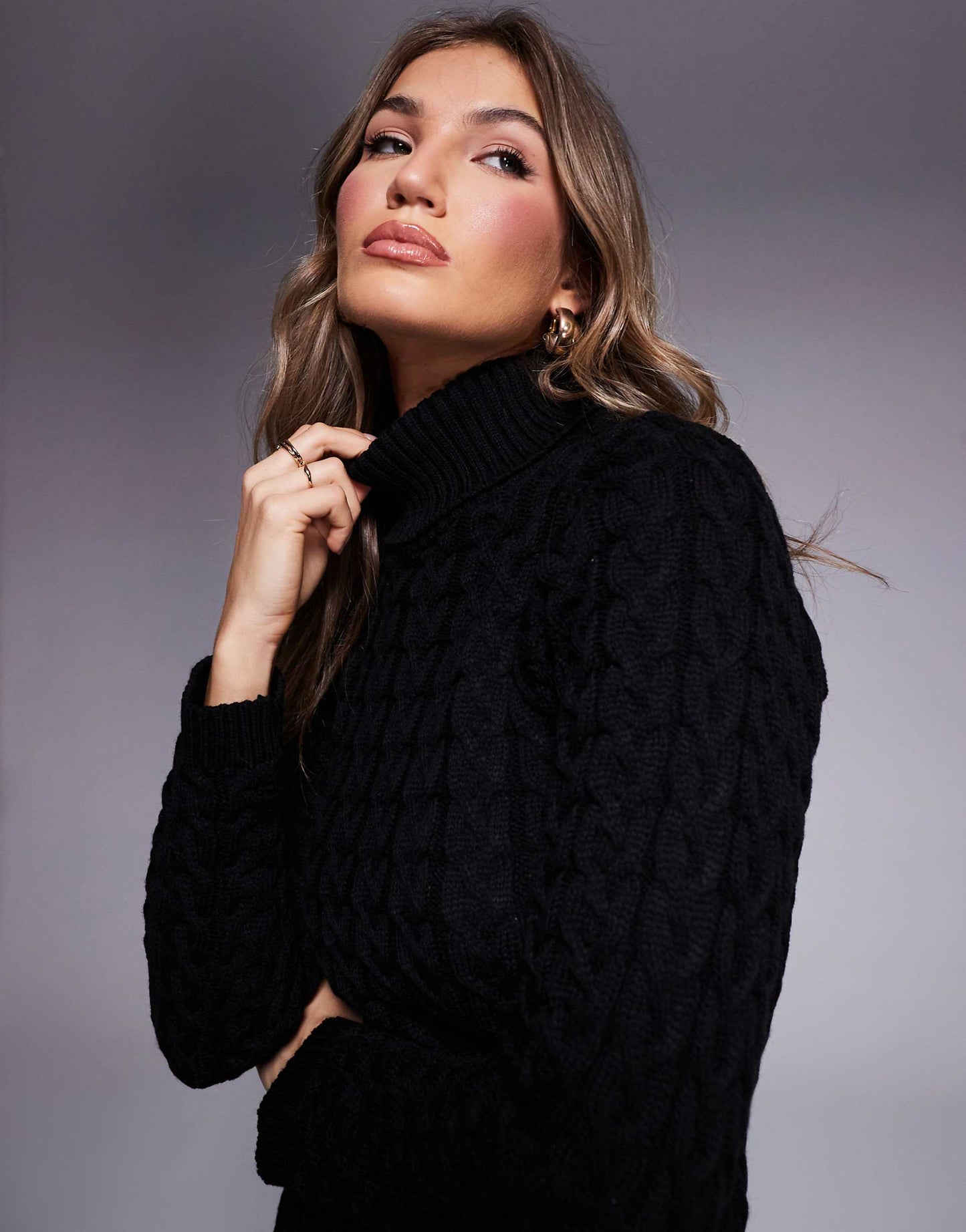 Roll Neck Cable Knit Mini Jumper Dress