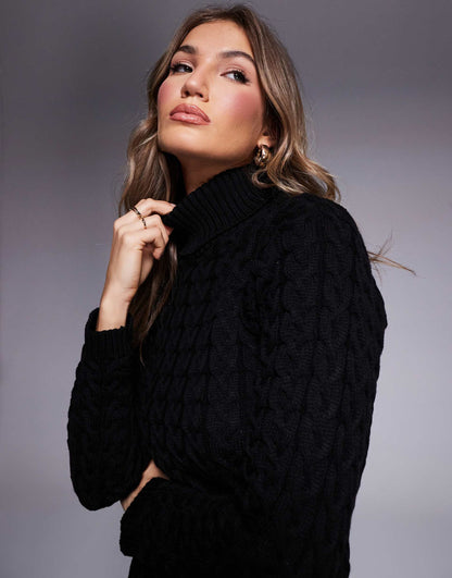 Roll Neck Cable Knit Mini Jumper Dress