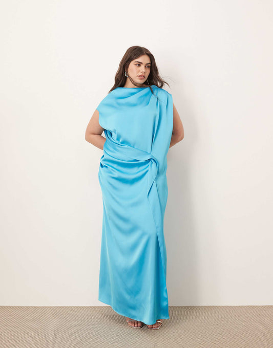 Curve Satin Side Drape Off Shoulder Maxi Dress