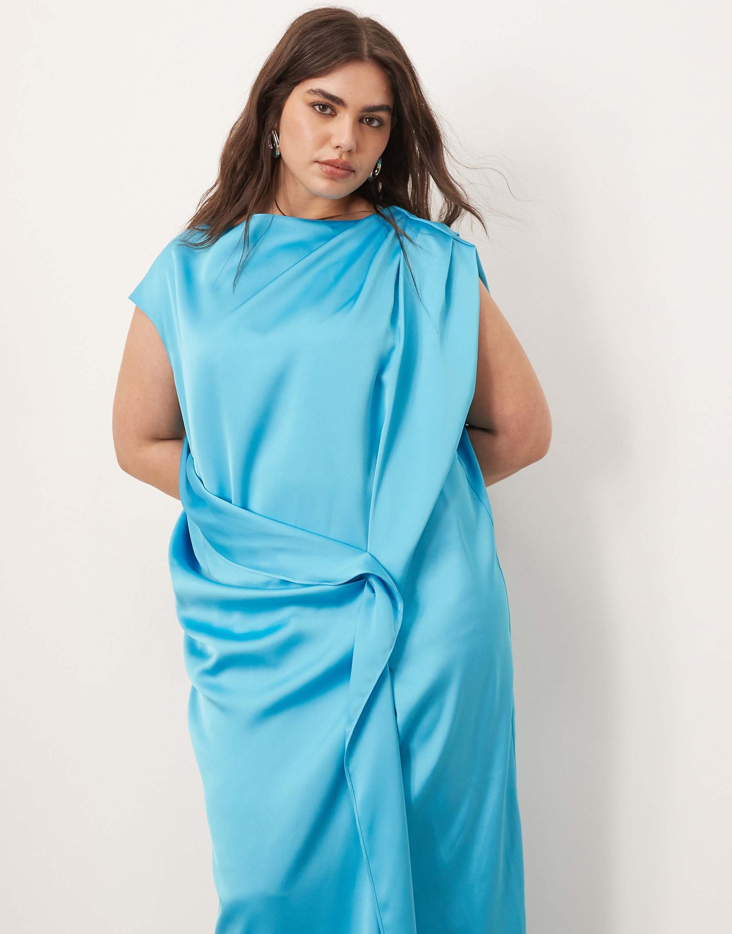 Curve Satin Side Drape Off Shoulder Maxi Dress