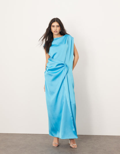 Satin Side Drape Off Shoulder Maxi Dress