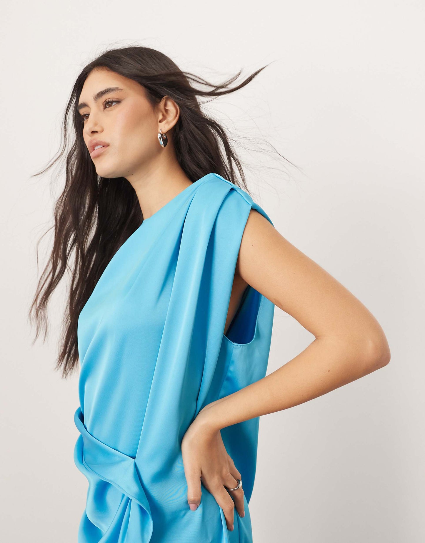 Satin Side Drape Off Shoulder Maxi Dress