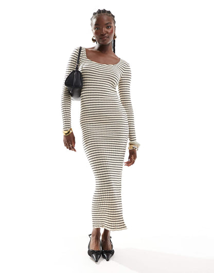 Long Sleeve Square Neck Ribbed Maxi Dress