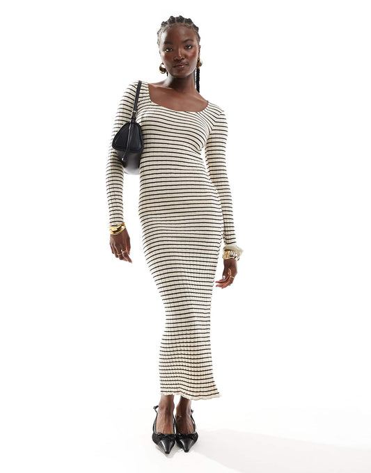 Long Sleeve Square Neck Ribbed Maxi Dress