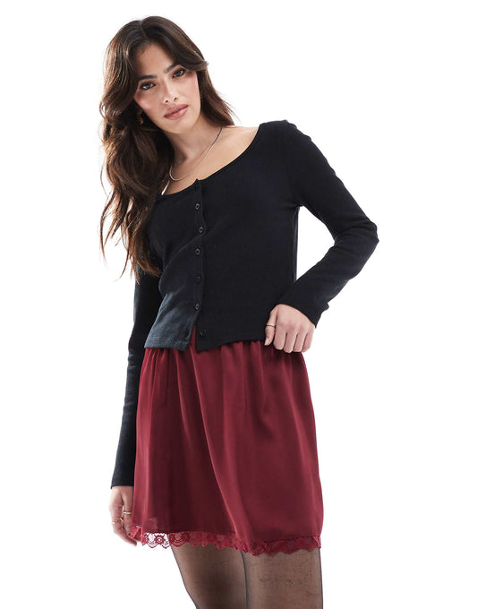 Lace Trim Satin Mini Skirt