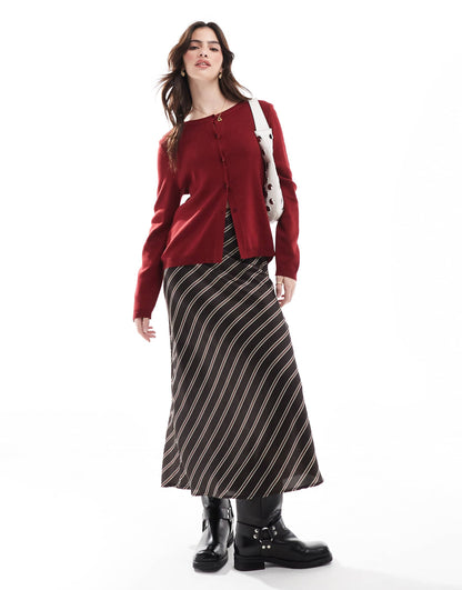 Bias Cut Satin Striped Midi Skirt