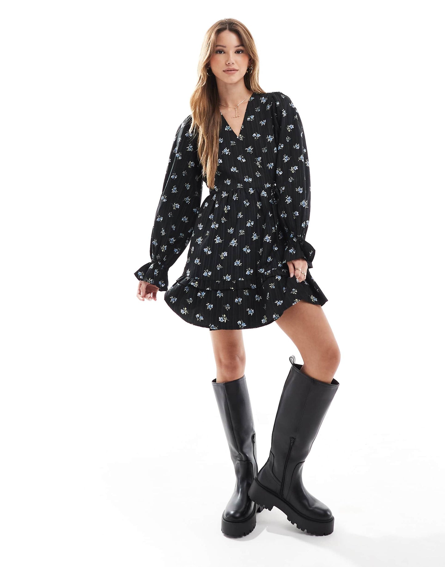 Ditsy Floral V-Neck Textured Mini Dress