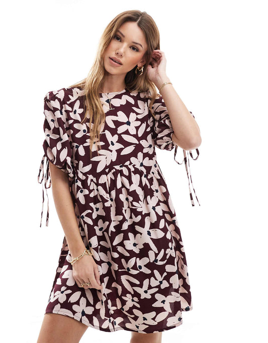 Bold Bloom Tie-Sleeve Mini Smock Dress