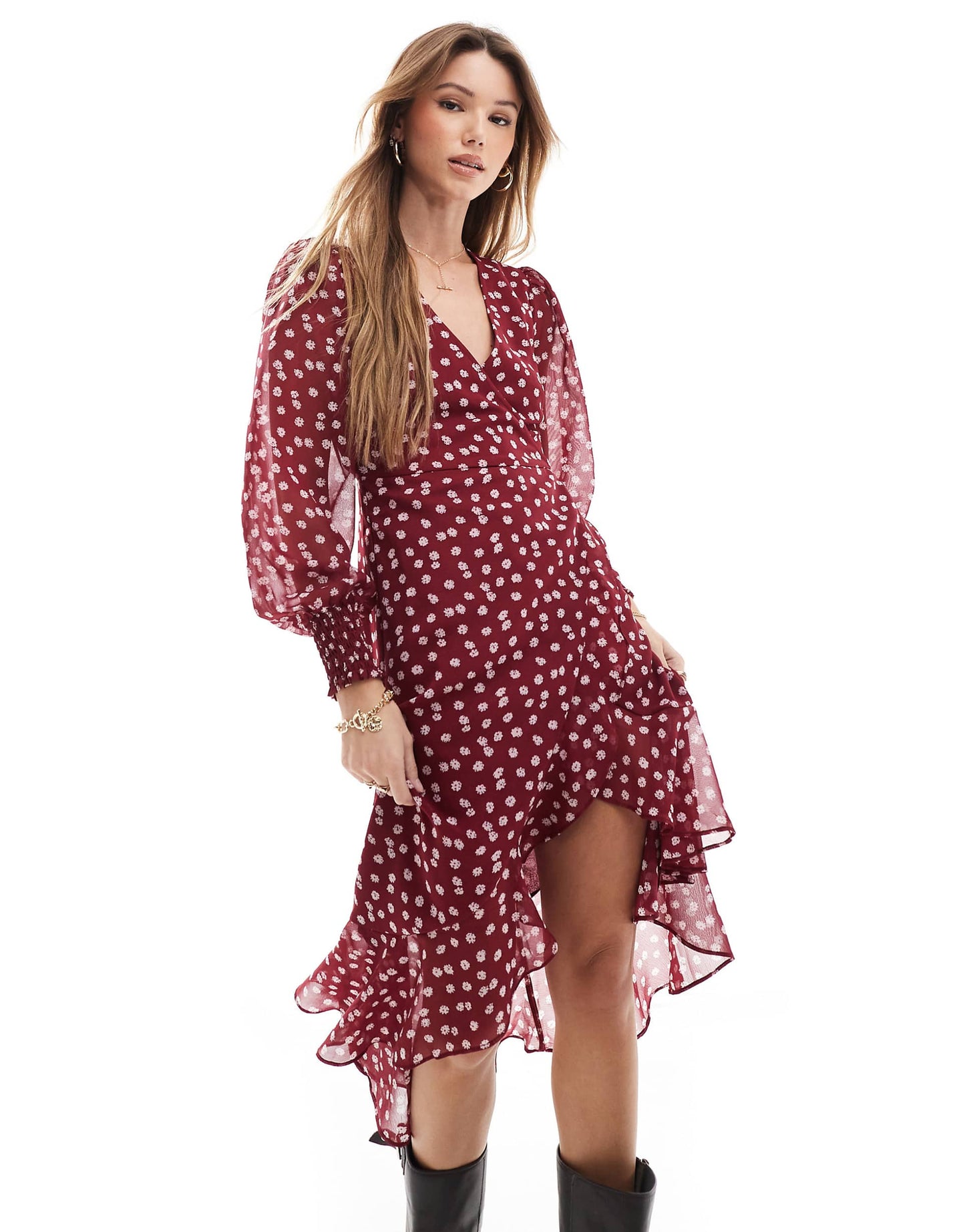 Boho Floral Wrap Midi Dress