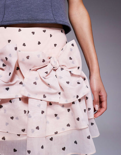 Bow Front Heart Print Mini Skirt