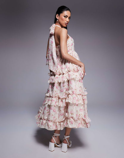 Jacquard Halter Ruffle Midi Dress