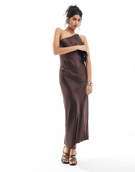 One Shoulder Satin Maxi Dress