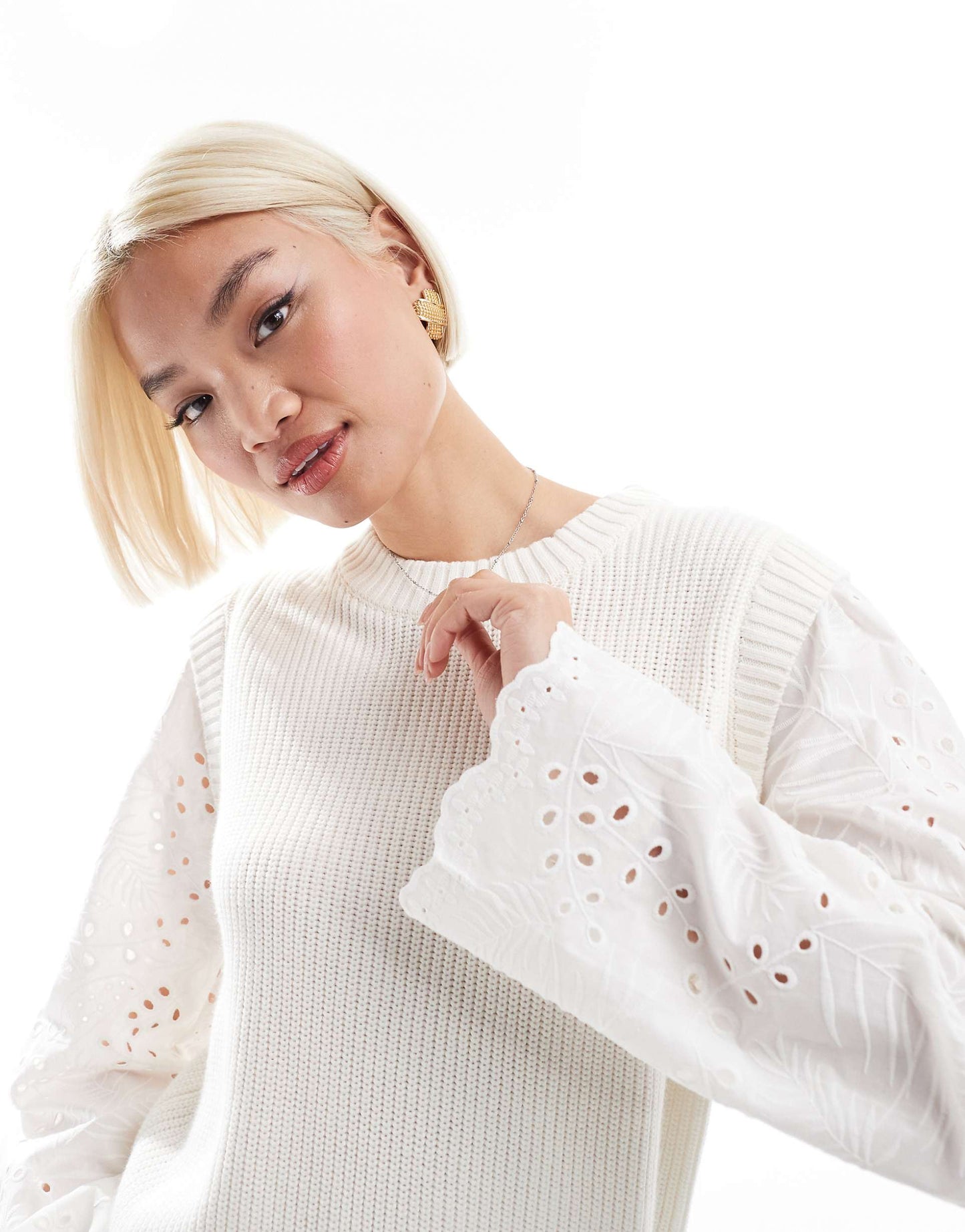 Ribbed Knit Jumper With Wide Broderie Sleeves