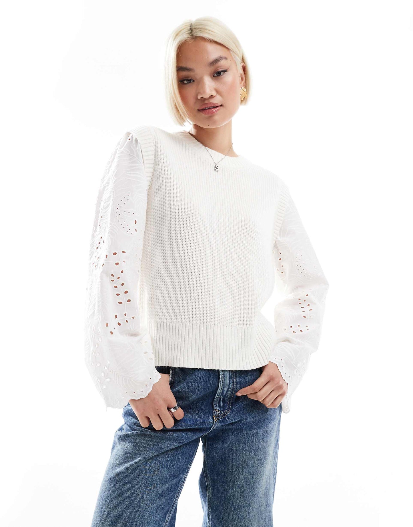 Ribbed Knit Jumper With Wide Broderie Sleeves