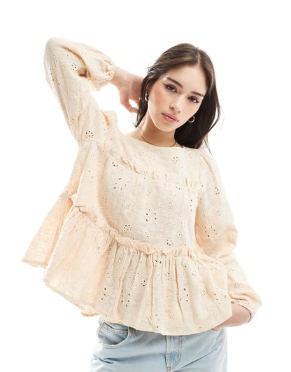 Tiered Long Sleeve Broderie Top