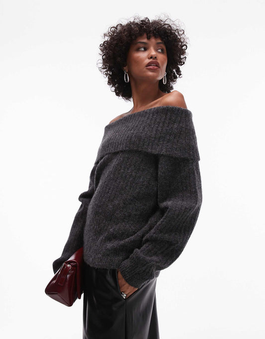 Alpaca Wool Blend Sweater With  Fold Over Off Shoulder