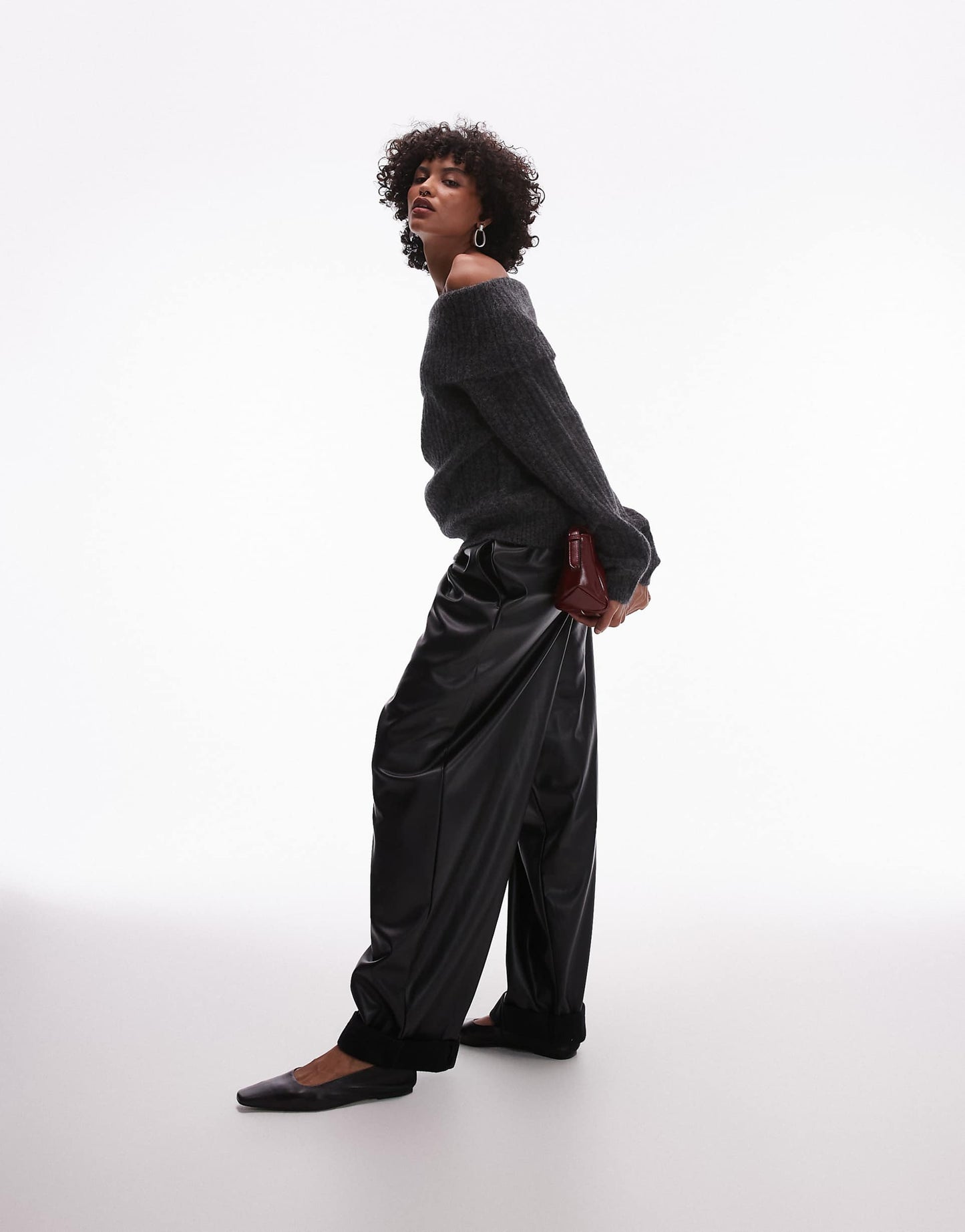 Alpaca Wool Blend Sweater With  Fold Over Off Shoulder
