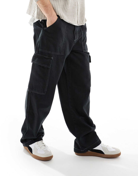 Contrast Stitch Wide Leg Cargo