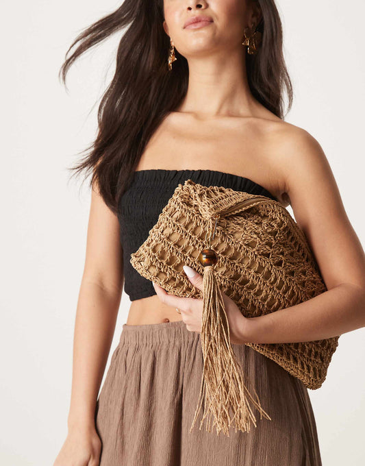 Straw Clutch Bag With Open Weave And Tassel And Bead Detail