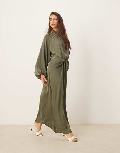 Draped Blouson Sleeve Satin Maxi Dress