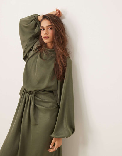 Draped Blouson Sleeve Satin Maxi Dress