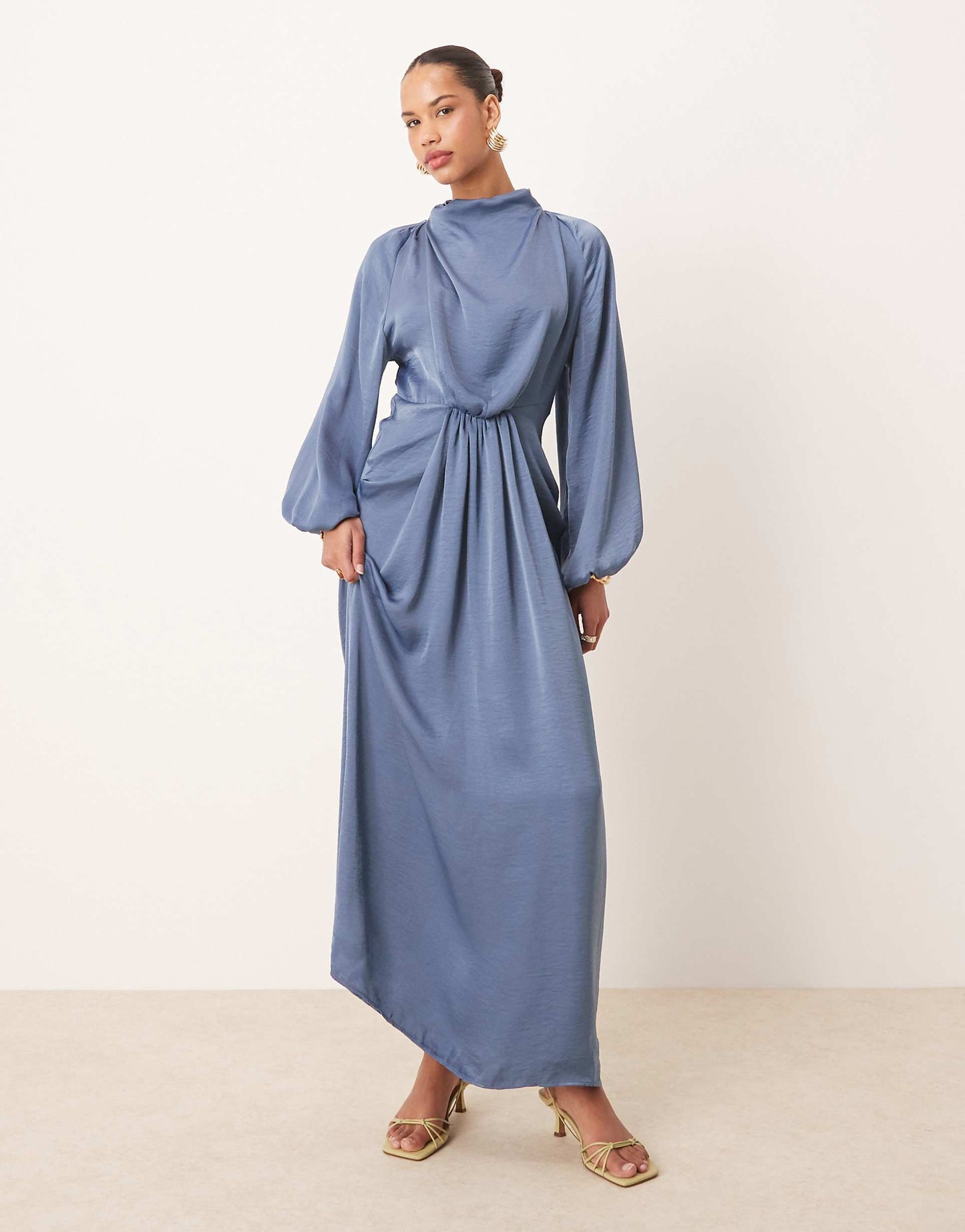 Draped Blouson Sleeve Satin Maxi Dress