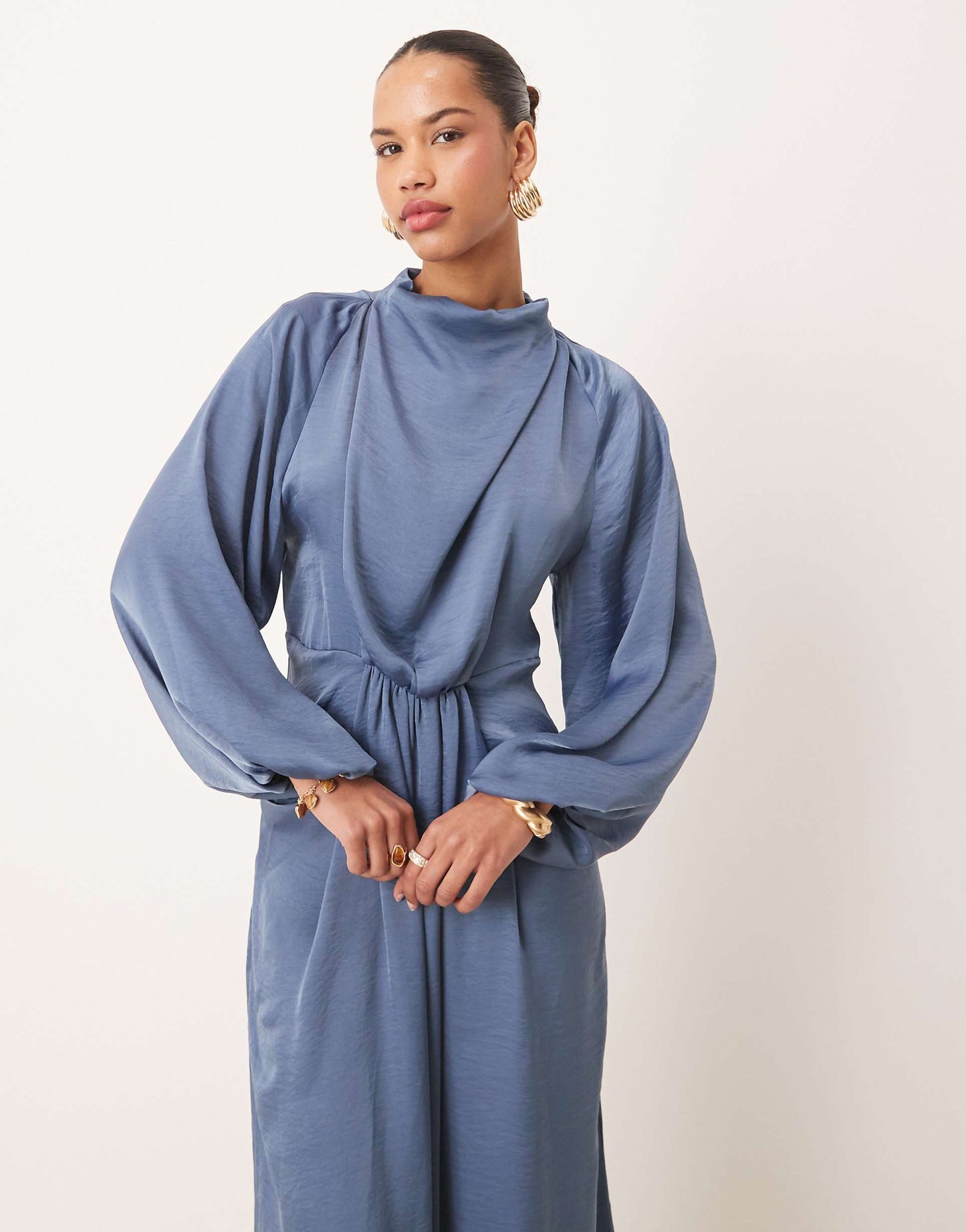 Draped Blouson Sleeve Satin Maxi Dress