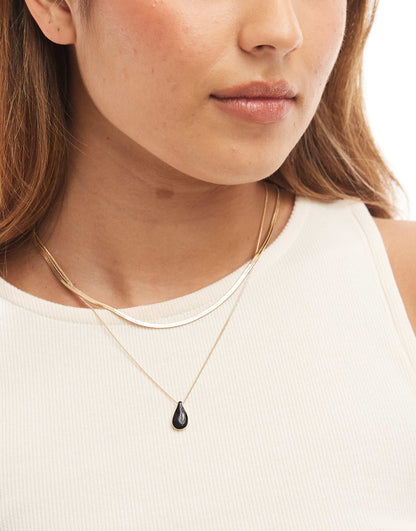 Multirow Necklace With Black Enamel Charm Pendant