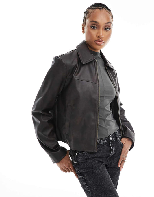 Tall Leather Look Top Collar Jacket