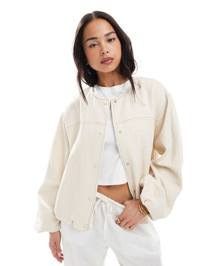 Textured Cotton Collarless Bomber Jacket