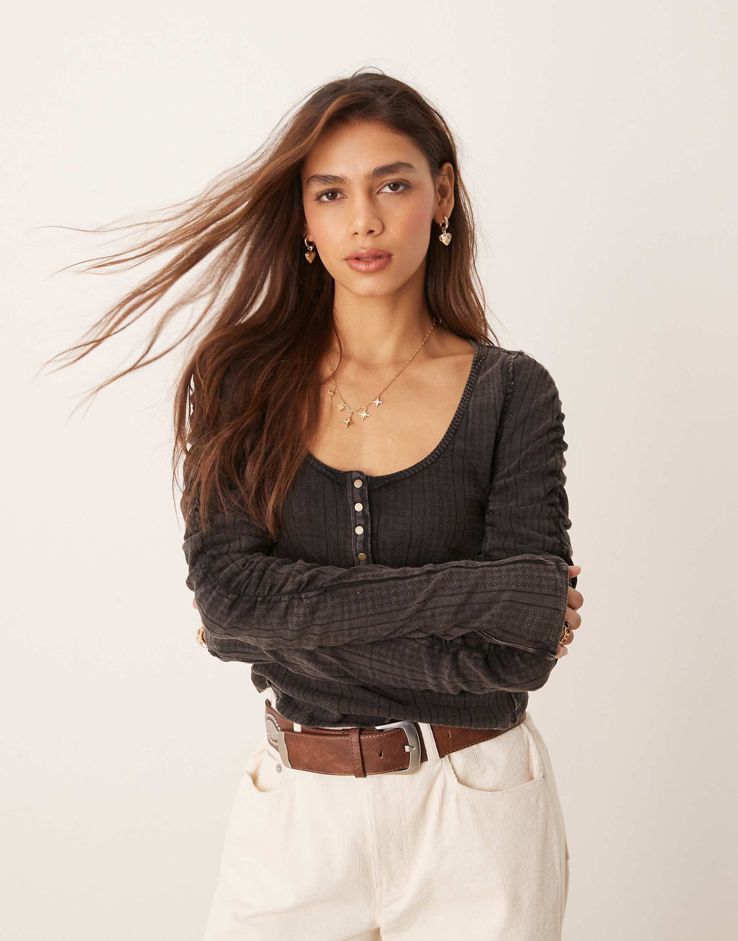 Ruched Sleeve Pointelle Henley Top