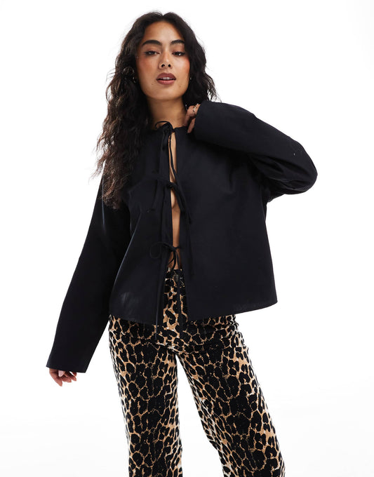 Poplin Tie Front Long Sleeve Blouse