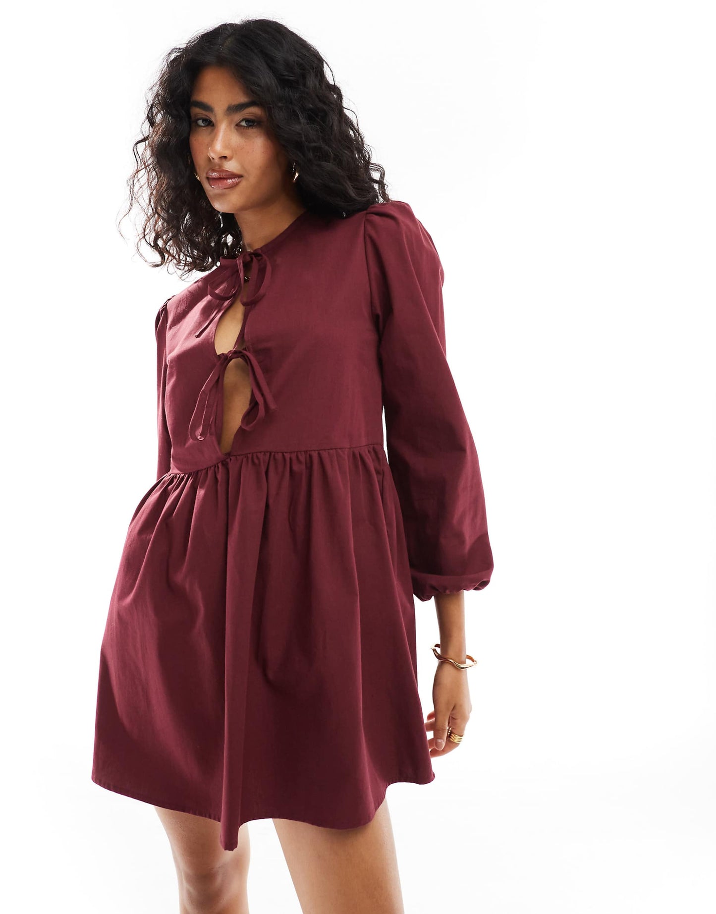 Poplin Tie Front Long Sleeve Dress