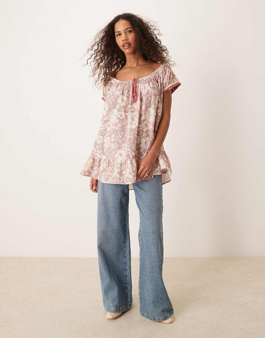 Floral Printed Puff Sleeve Tunic