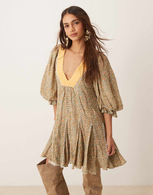 Ditsy Floral Puff Sleeve Boho Mini Dress