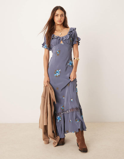 Floral Embroidered Puff Sleeve Maxi Dress