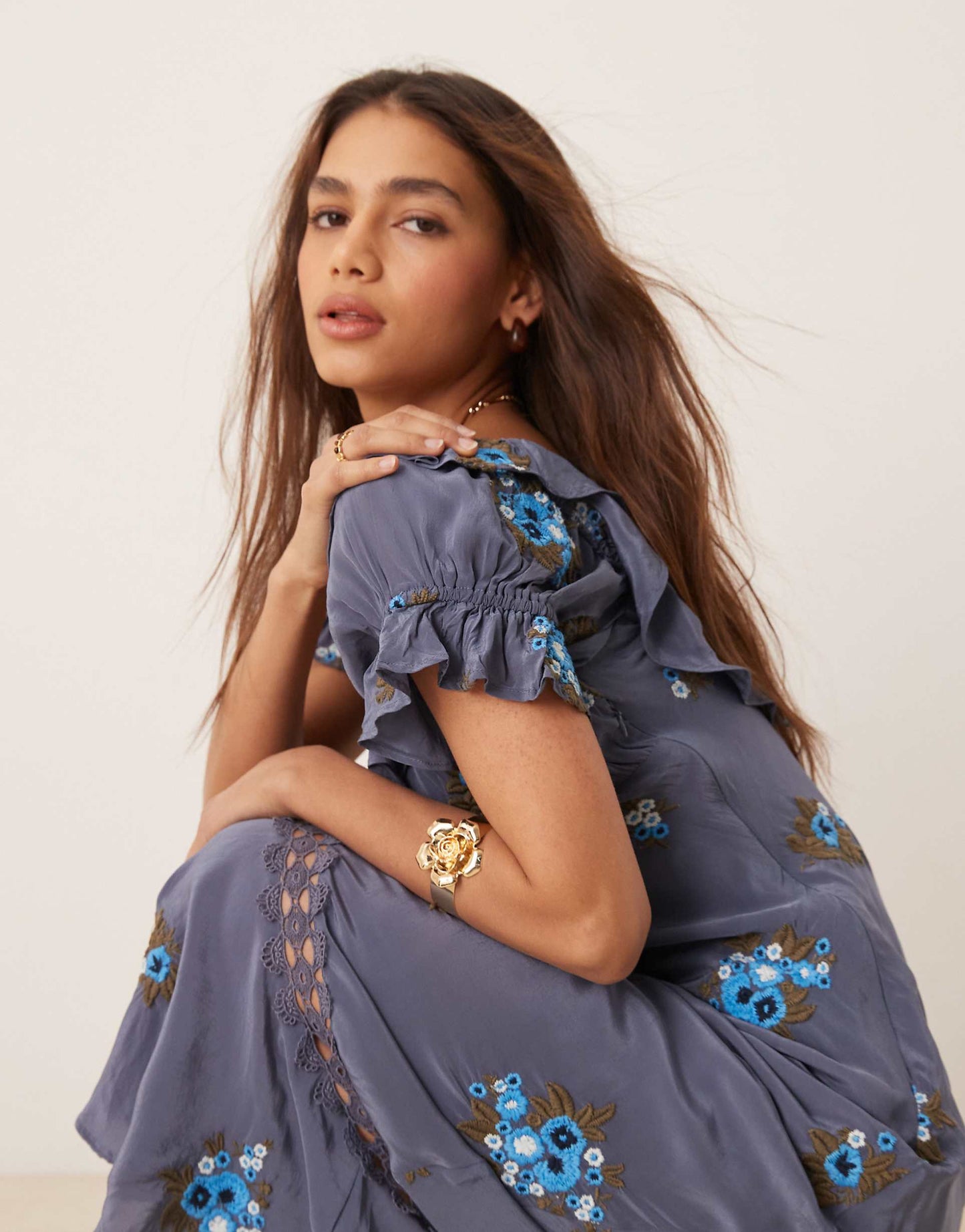 Floral Embroidered Puff Sleeve Maxi Dress