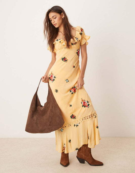 Floral Embroidered Puff Sleeve Maxi Dress